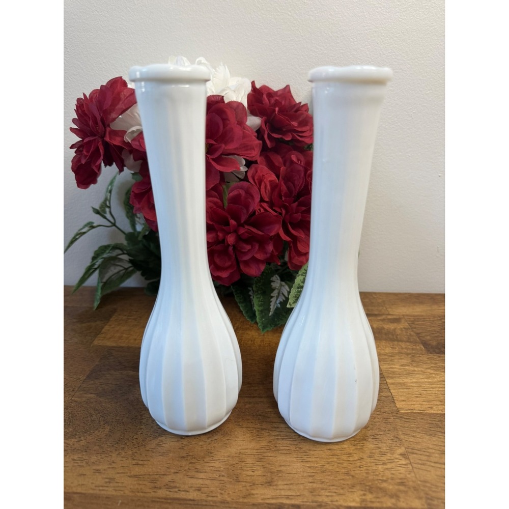 Vintage Milk Glass Fluted Ribbed Vases White Wedding Table MCM Home Styling